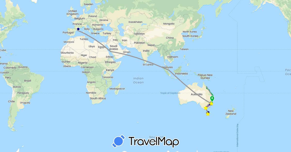 TravelMap itinerary: driving, bus, plane, train, boat in Australia, Spain, France, Saudi Arabia, Singapore (Asia, Europe, Oceania)